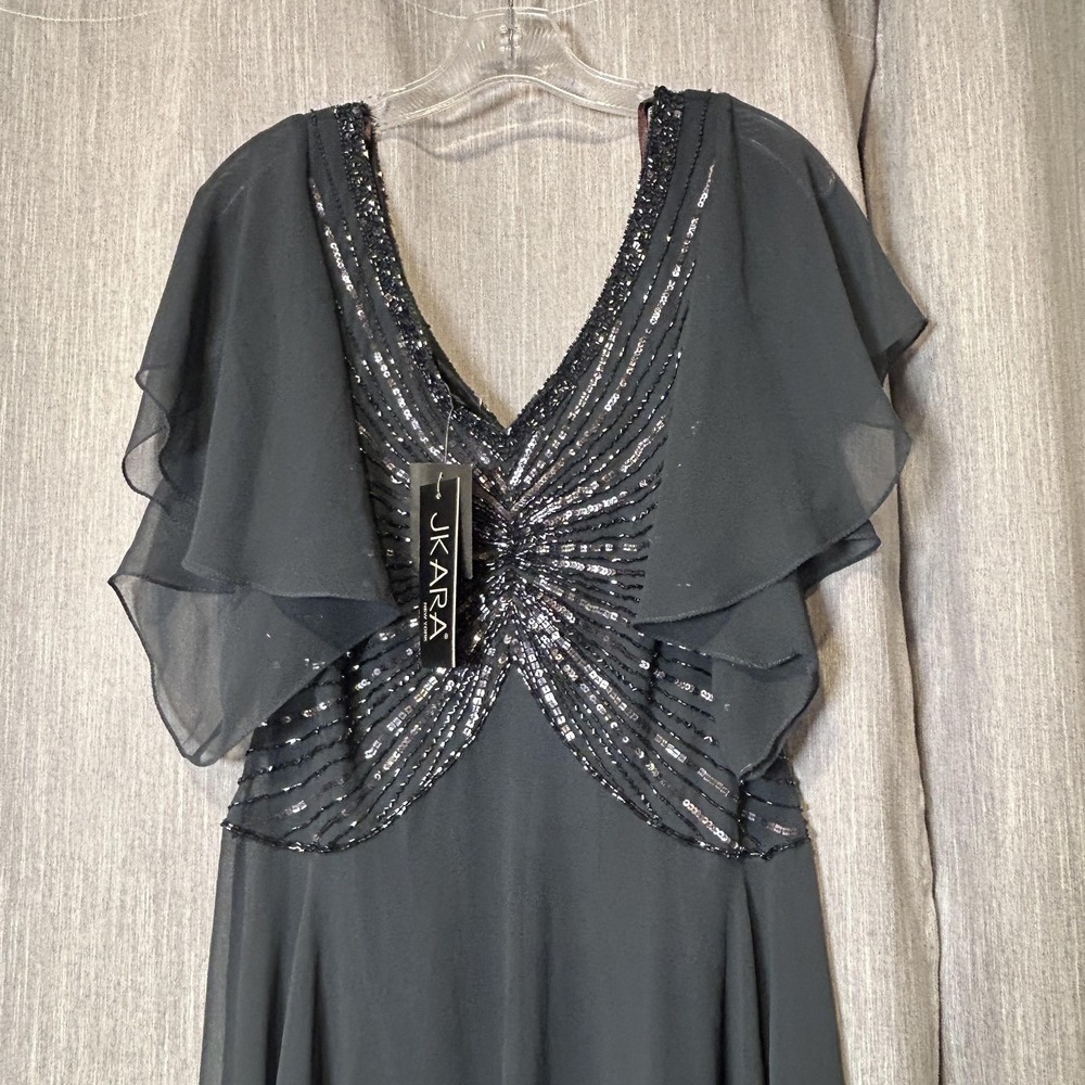 JKara Dress Womens 14 Gray Beaded Chiffon Flutter Sleeve A-Line Midi Formal